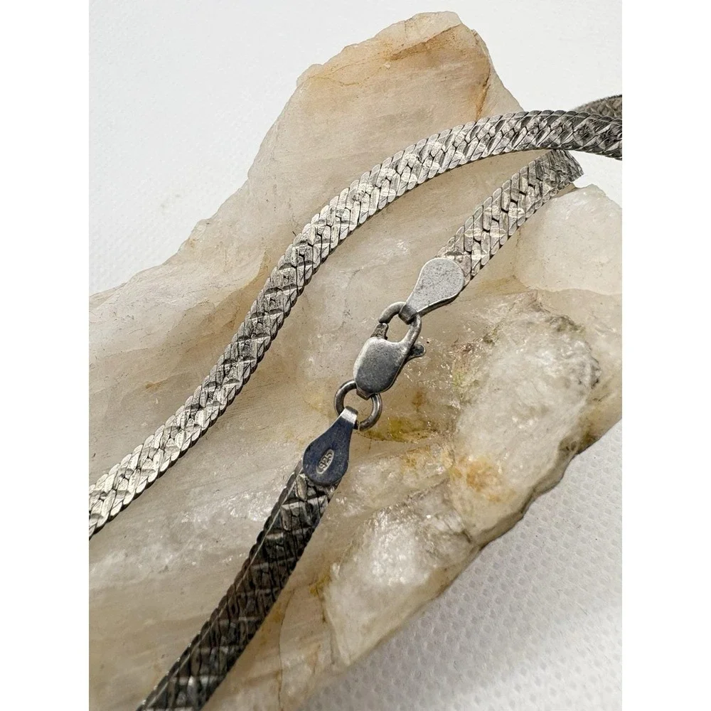 Italian Sterling Silver‎ 925 Textured Flat Snake Chain Necklace 18